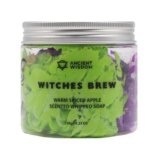 Witches Brew Warm Spiced Apple scented whipped soap, 120g, in a clear jar with green whipped soap and purple accents.