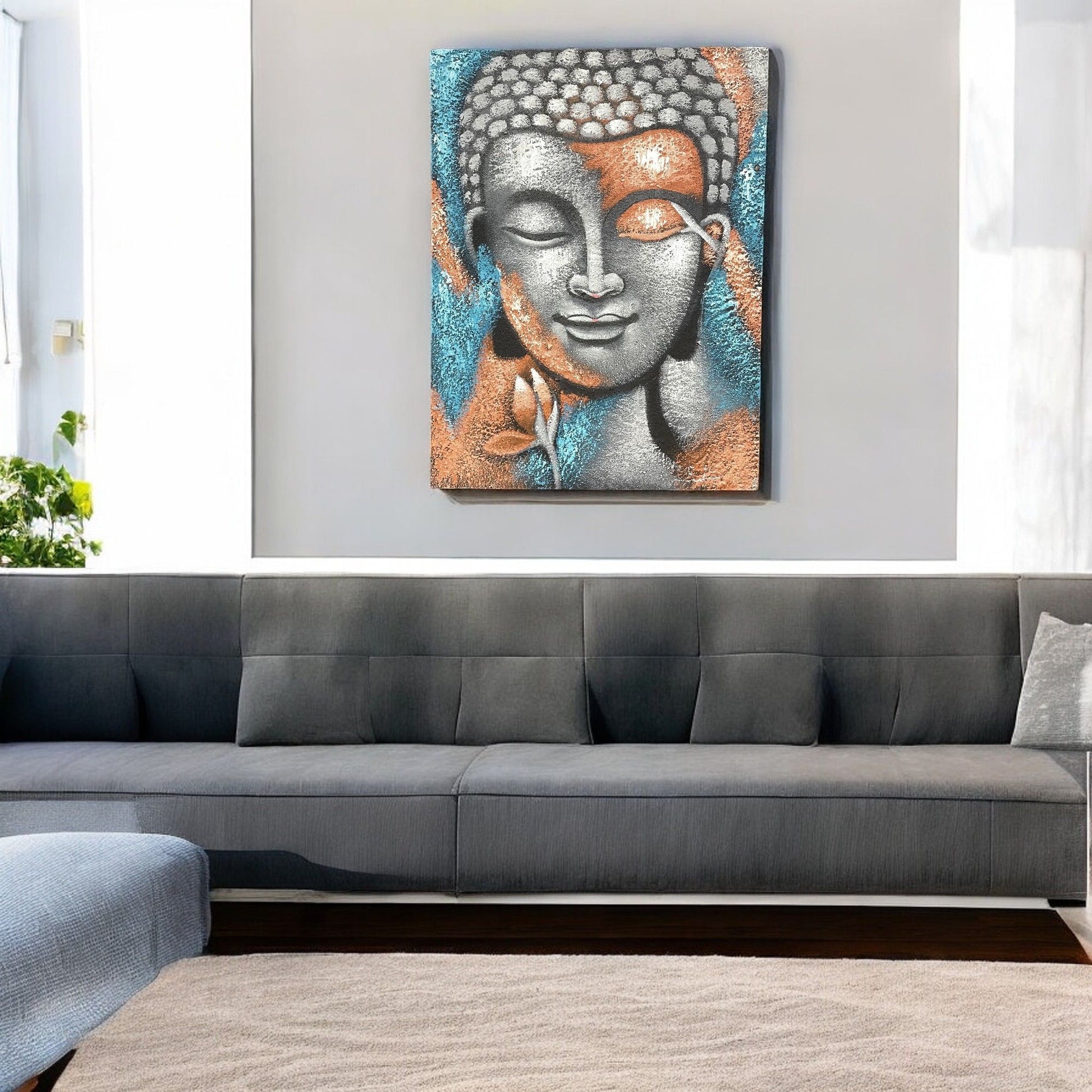 Buddha Painting - Silver serene Buddha head with blue and rose gold flower accents, 75x55cm.