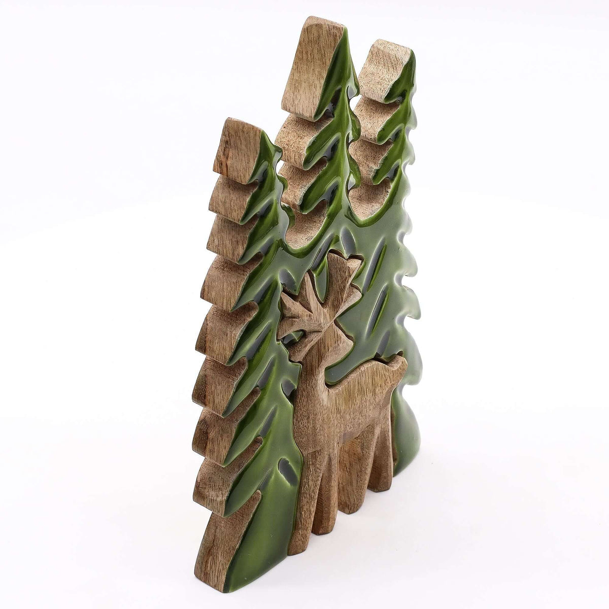 Lost in the Forrest 3D wooden forest decoration, 23x20cm, handcrafted in India, green-glazed trees.