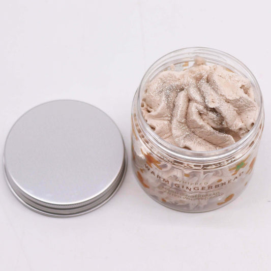 Warm Gingerbread Whipped Soap 120g in a jar, beige swirls with glitter; orange, cinnamon, ginger and vanilla scent.
