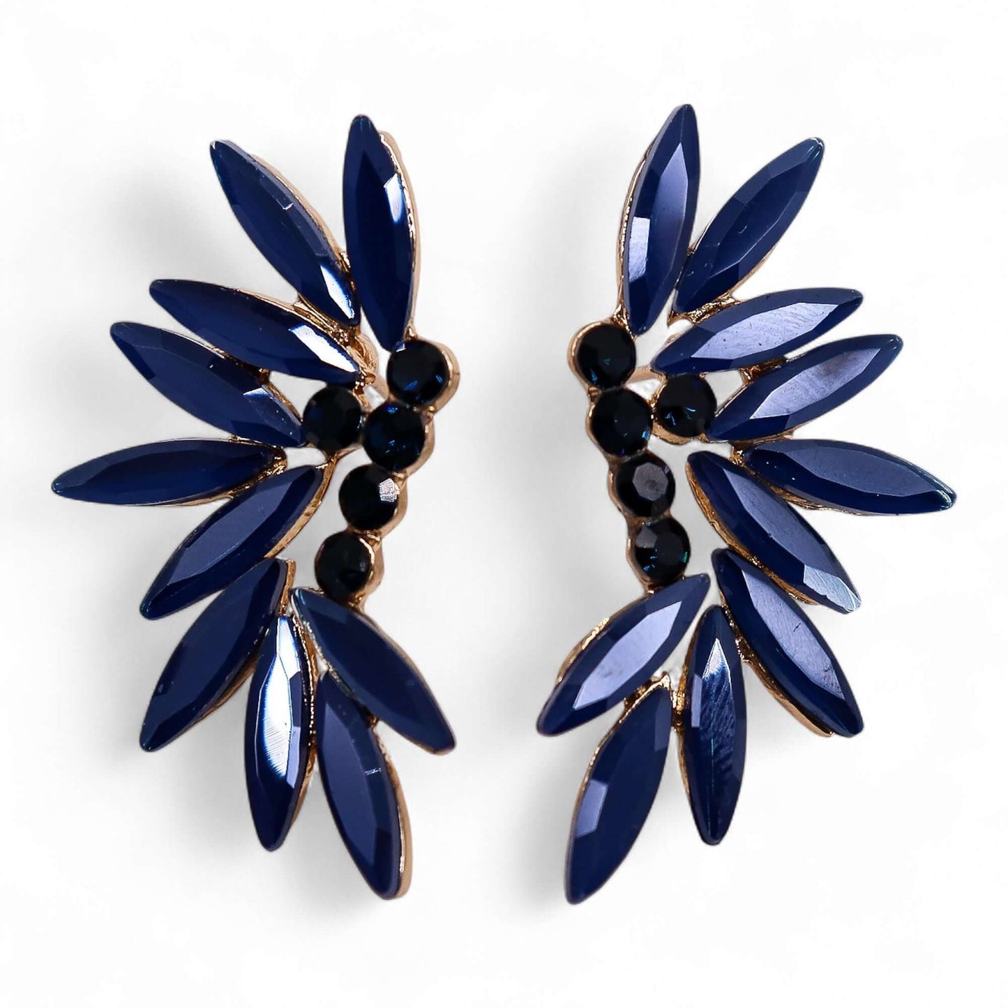 Royal Blue Vintage Glass Fairy Earrings With Leaf Motif featuring navy leaves and black accents.