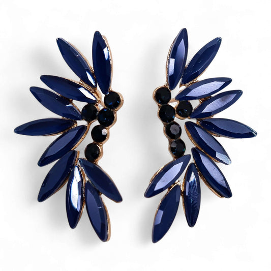 Royal Blue Vintage Glass Fairy Earrings With Leaf Motif featuring navy leaves and black accents.