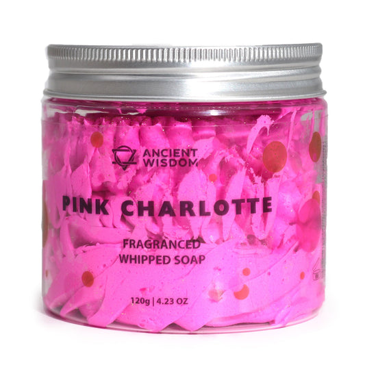 Pink Charlotte Whipped Cream Soap 120g in a clear jar with silver lid and vivid pink whipped soap.