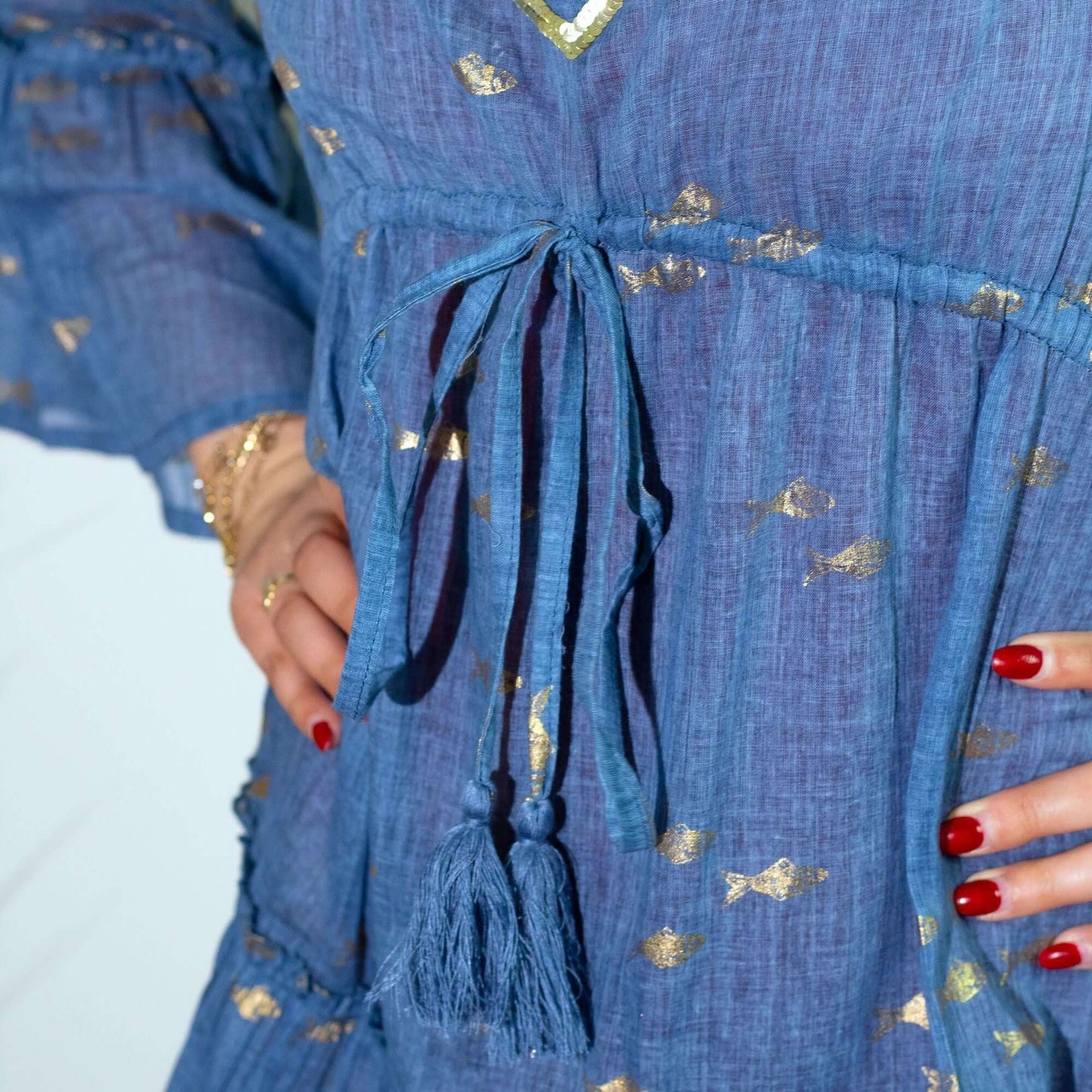 Nomad Sari Sea Blue Gold Fish Print Dress M/L