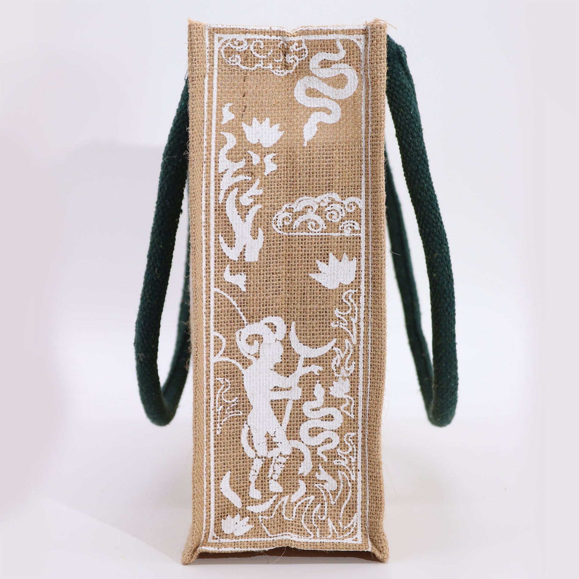 Hop Hare Jute Big Bag - I am Rare devil tarot jute tote with white print and green handles by Hop Hare