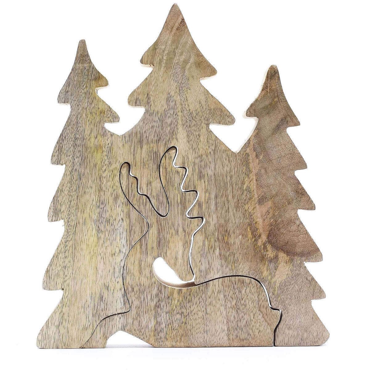 Lost in the Forest: Stag in the Forest 3D wooden decoration featuring three trees, 23x20cm, handcrafted in India.