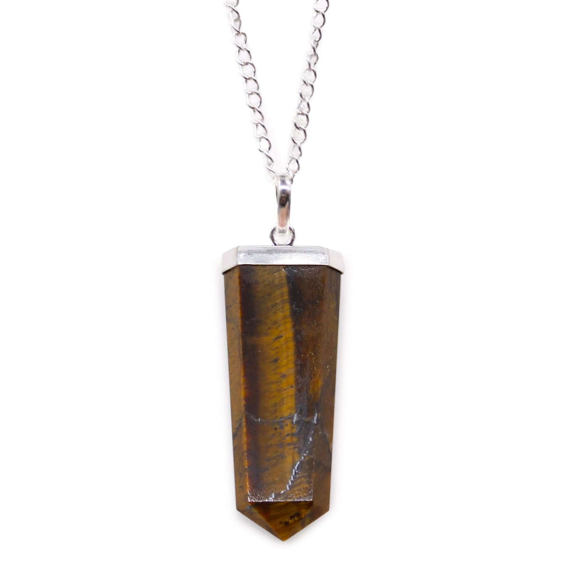 Tiger Eye Gemstone Flat Pencil Pendant Necklace Silver Plated on a chain, showcasing golden and brown hues.