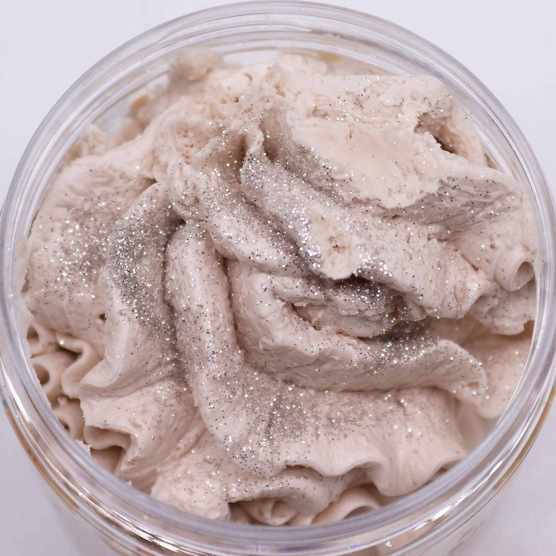Warm Gingerbread Whipped Soap, 120g: creamy beige whipped soap with glitter in a jar.