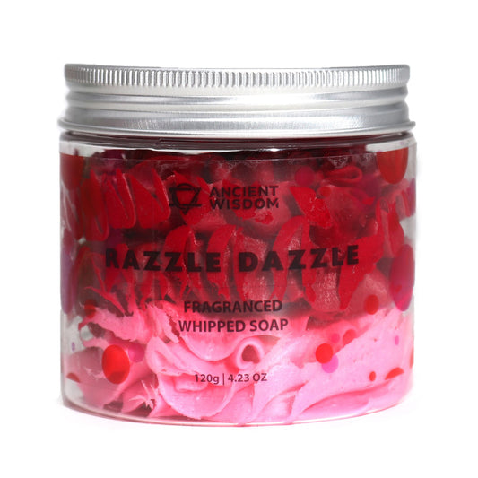 Razzle Dazzle Fragranced Whipped Soap 120g in a clear jar with pink whipped soap and red petals, raspberry fragrance.