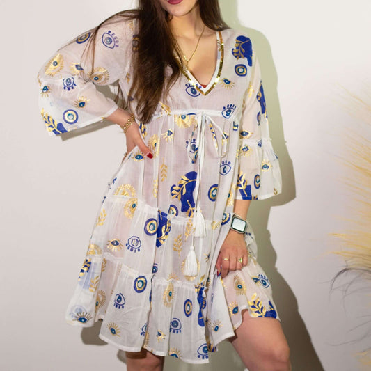 Nomad Sari Evil Eye Dress White Blue Gold Size L/XL