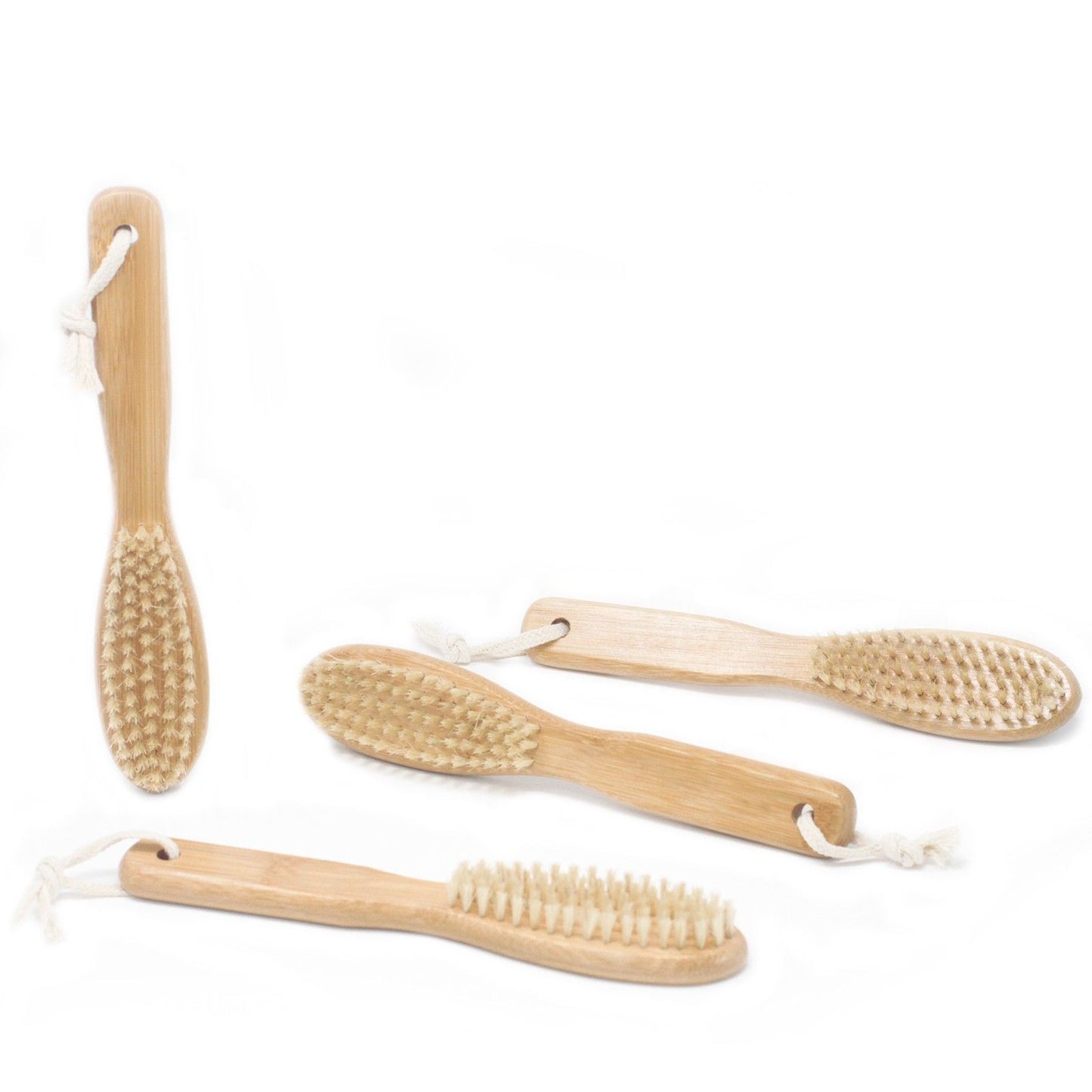 Beard brush set in bamboo with boar-hair bristles and hanging cotton cords (brushes only).