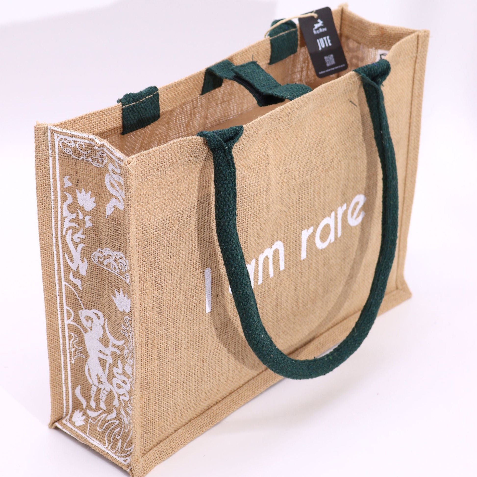 Hop Hare Jute Big Bag - I am Rare tote with green handles, white 'I am rare' text and ornate white tarot side print