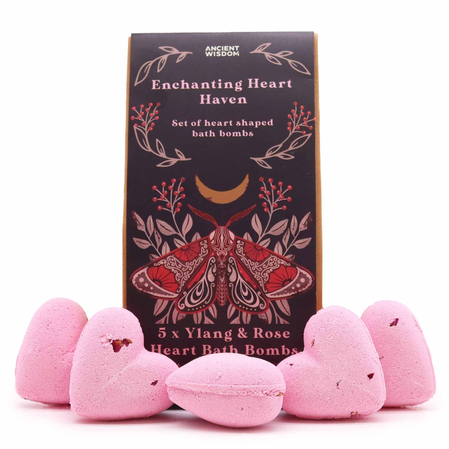Enchanting Heart Heaven Bath Heart Gift Set by Ancient Wisdom: boxed Ylang & Rose heart-shaped bath bombs 5 pink hearts
