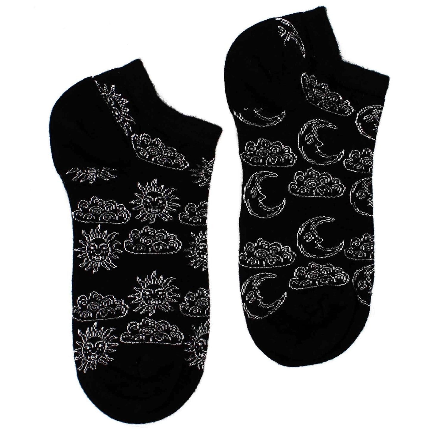 S/M Hop Hare Bamboo Socks Low (3.5-6.5) - Day and Night in black with sun and moon designs.