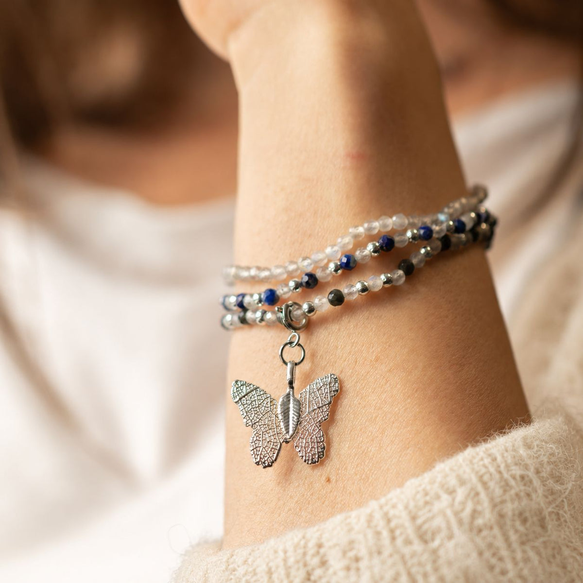 Lapis Lazuli, Labradorite & Obsidian Gemstone Bracelet Set