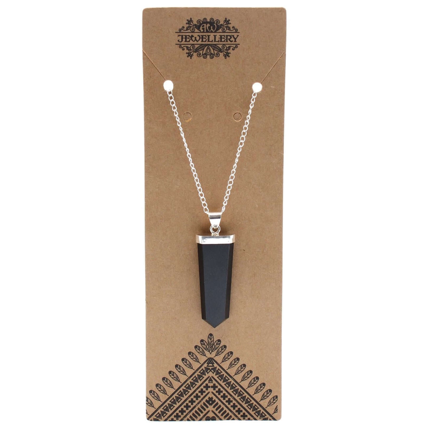 Black Agate Flat Pencil Pendant Necklace Gemstone Silver Plated displayed on a jewelry card.