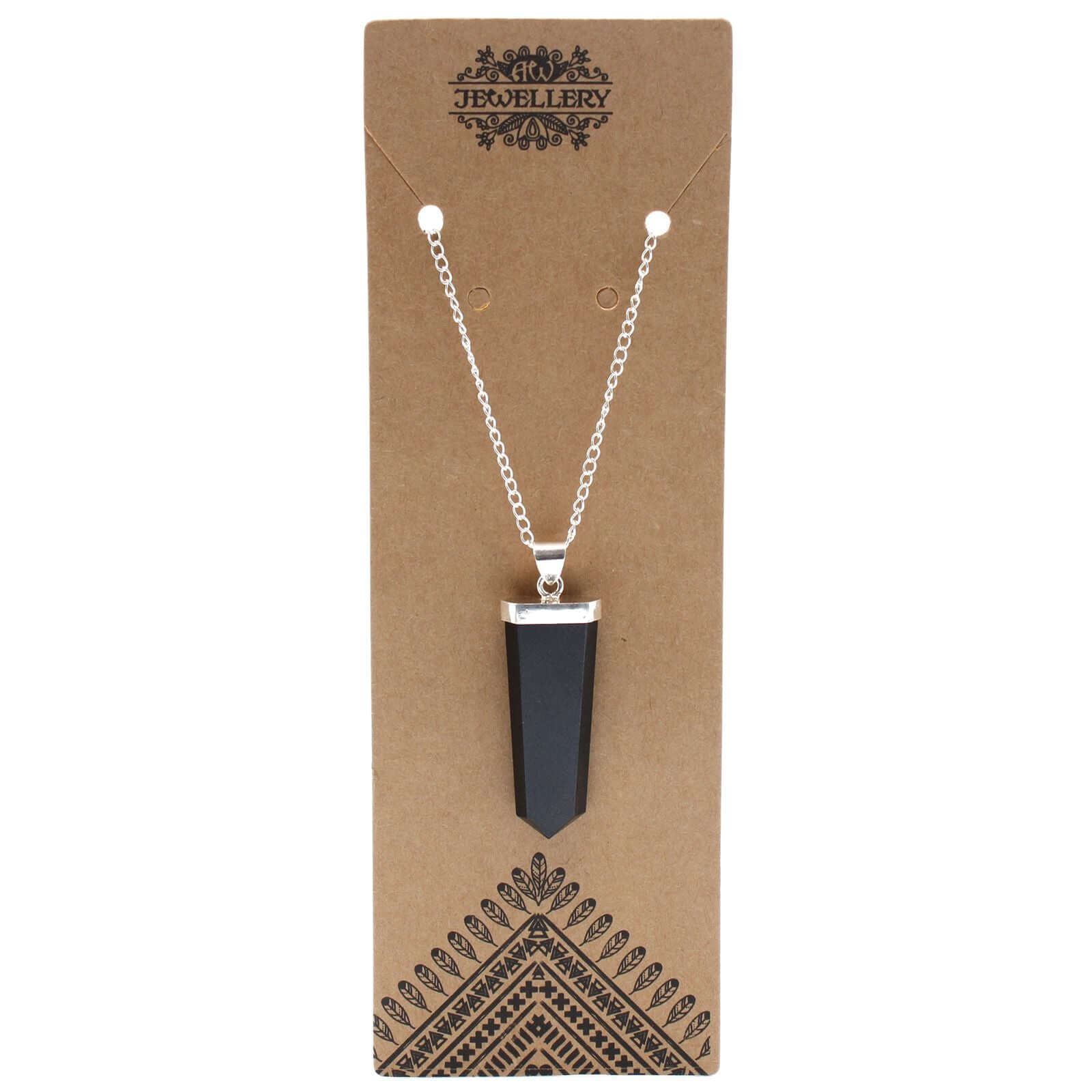 Black Agate Flat Pencil Pendant Necklace Gemstone Silver Plated displayed on a jewelry card.