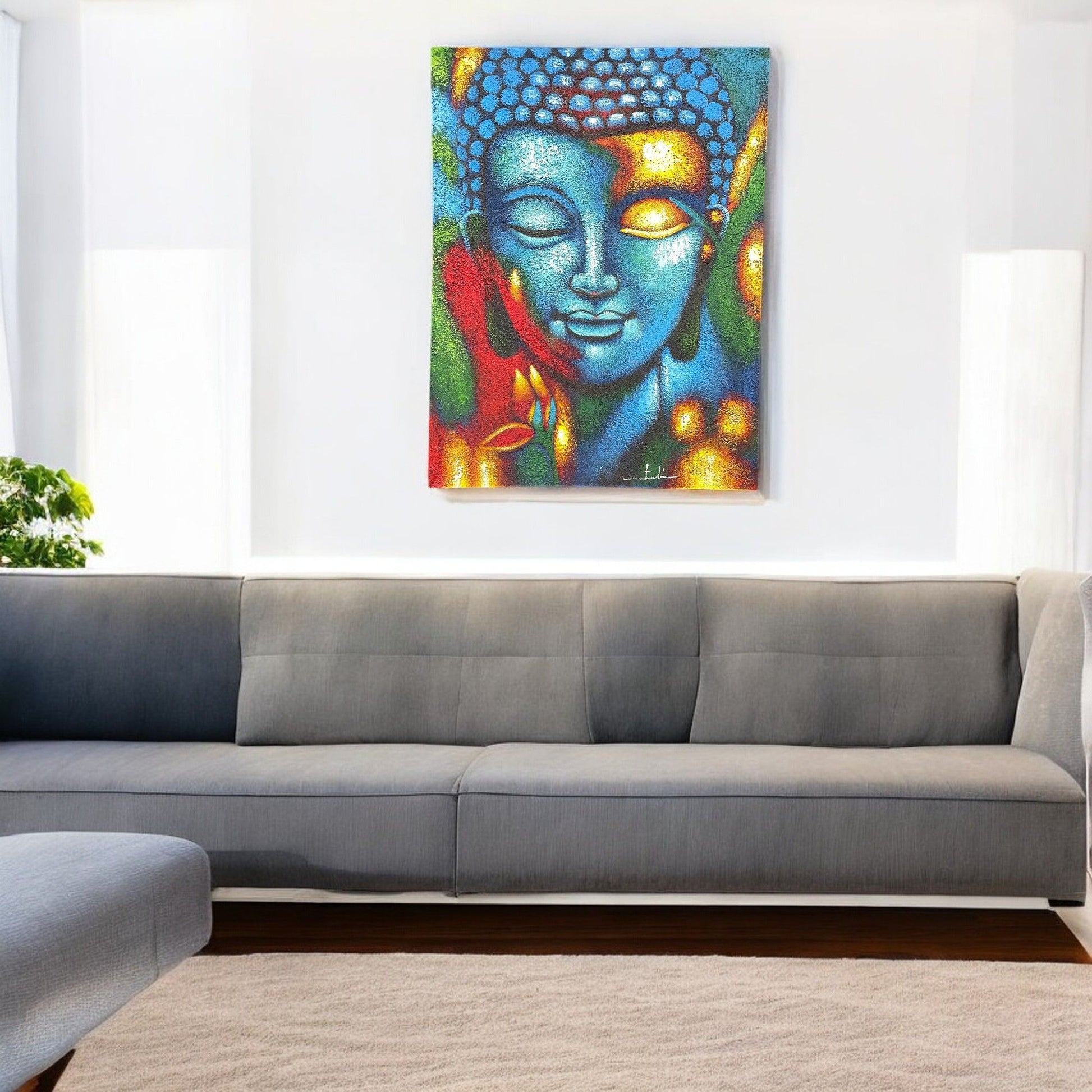 Buddha Painting - Blue in a vibrant blue and gold flower design, 75x55cm, hung above a grey living room sofa.