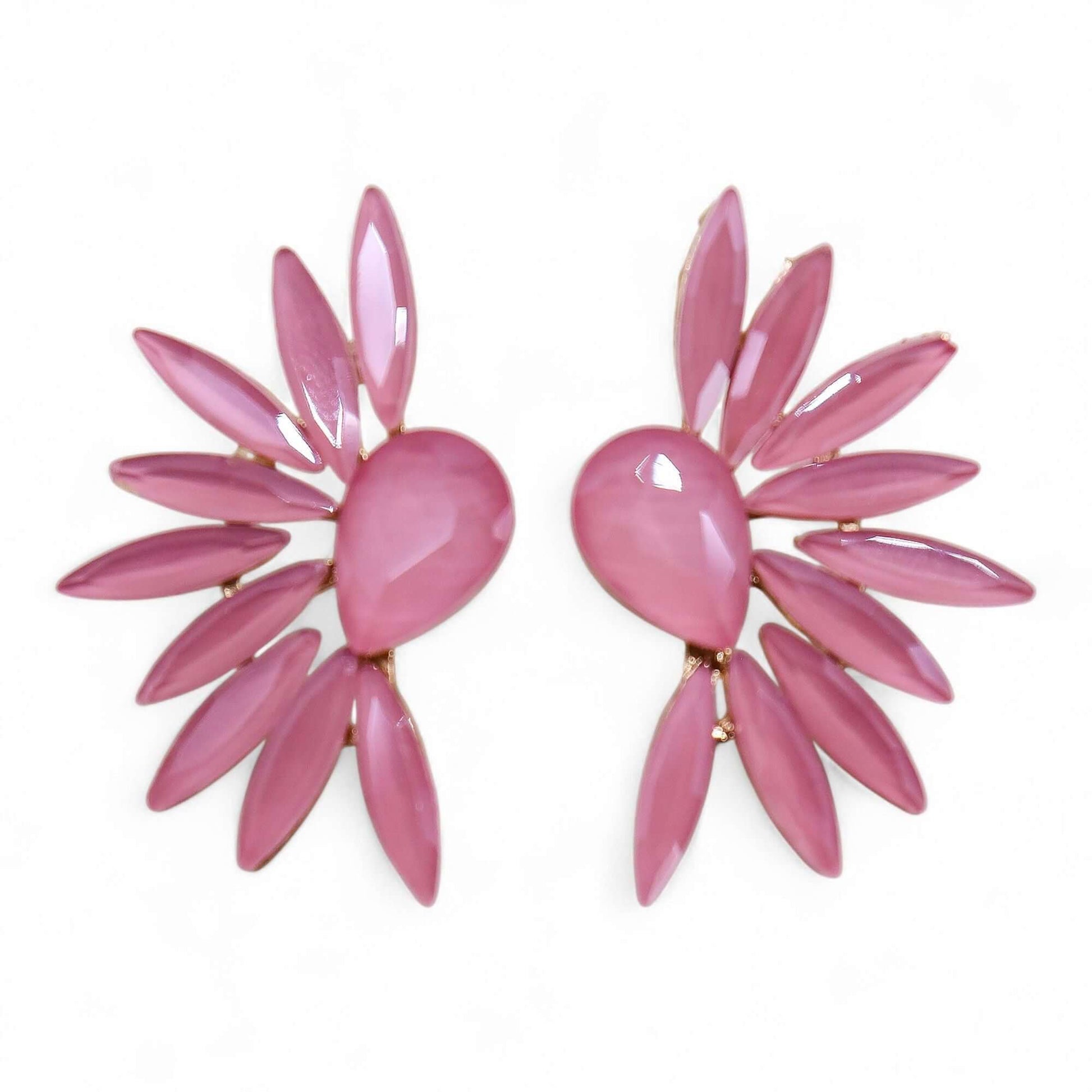 Soft pink vintage glass angel wings earrings with petal-shaped drops on stainless steel, 7.5 × 6 cm.