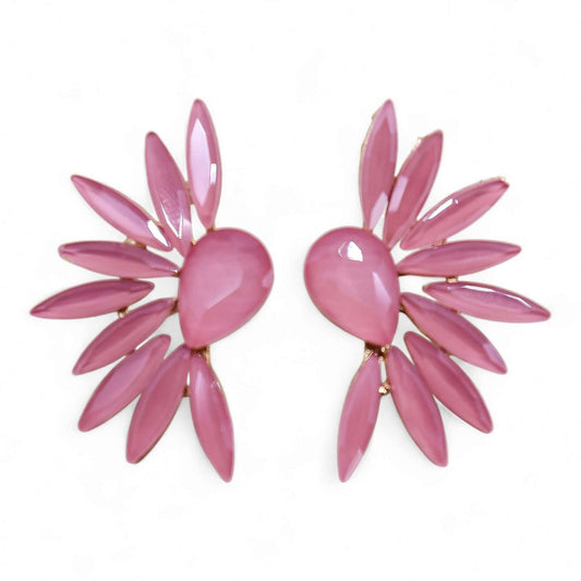 Soft pink vintage glass angel wings earrings with petal-shaped drops on stainless steel, 7.5 × 6 cm.