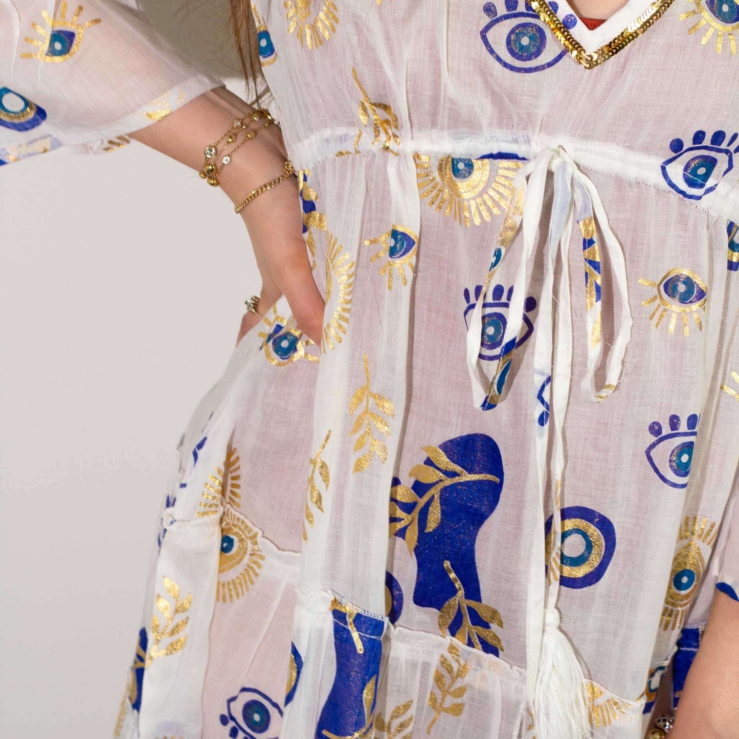 Nomad Sari Evil Eye Dress White Blue Gold Size M/L