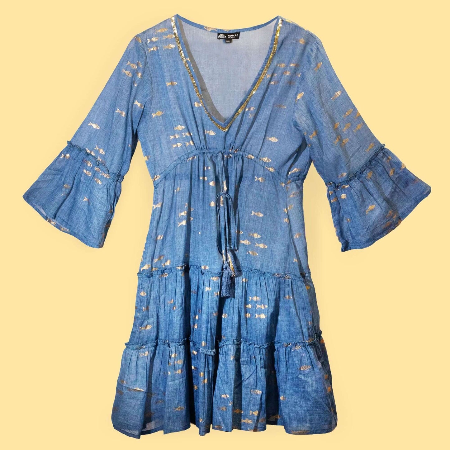 Nomad Sari Sea Blue Gold Fish Print Dress L/XL