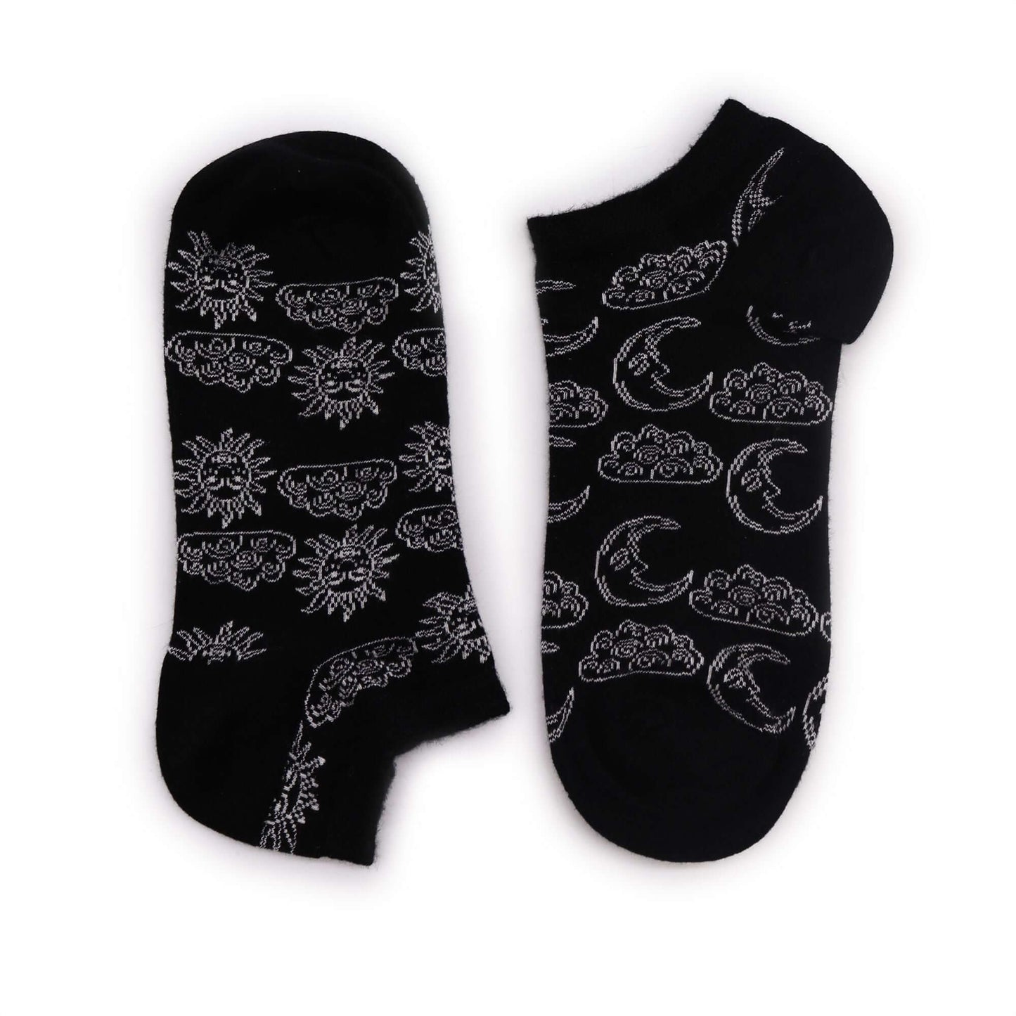 S/M Hop Hare Bamboo Socks Low (3.5-6.5) - Day and Night, featuring sun and moon designs on a black background.
