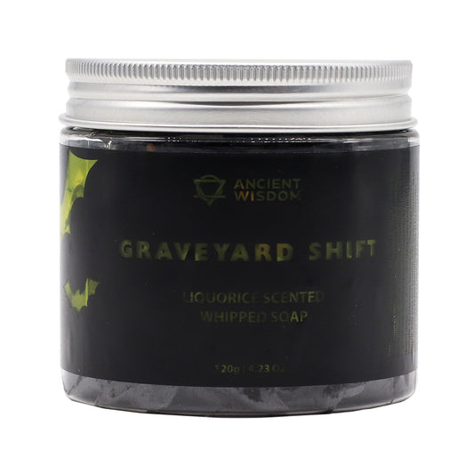 Graveyard Shift liquorice-scented whipped soap in 120g jar with silver lid, Ancient Wisdom label.