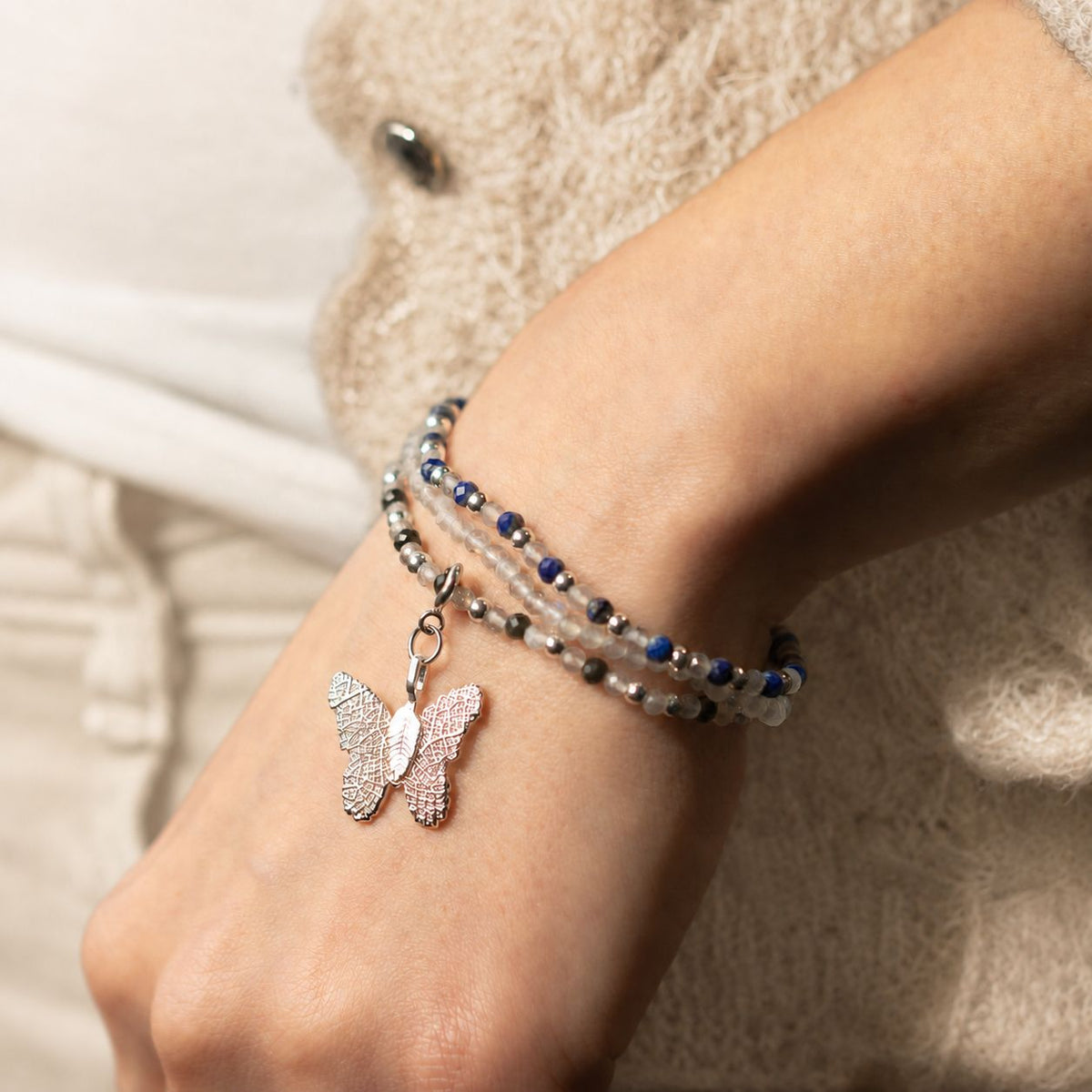 Lapis Lazuli, Labradorite & Obsidian Gemstone Bracelet Set