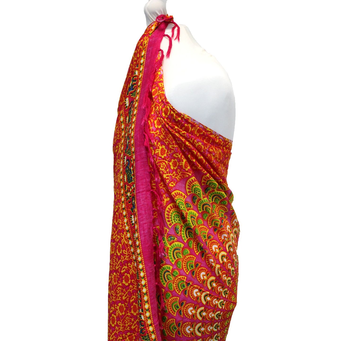 Vibrant Ruby Lime Mandala Sarongs featuring a peacock feather design in rich ruby, lime, and gold tones.