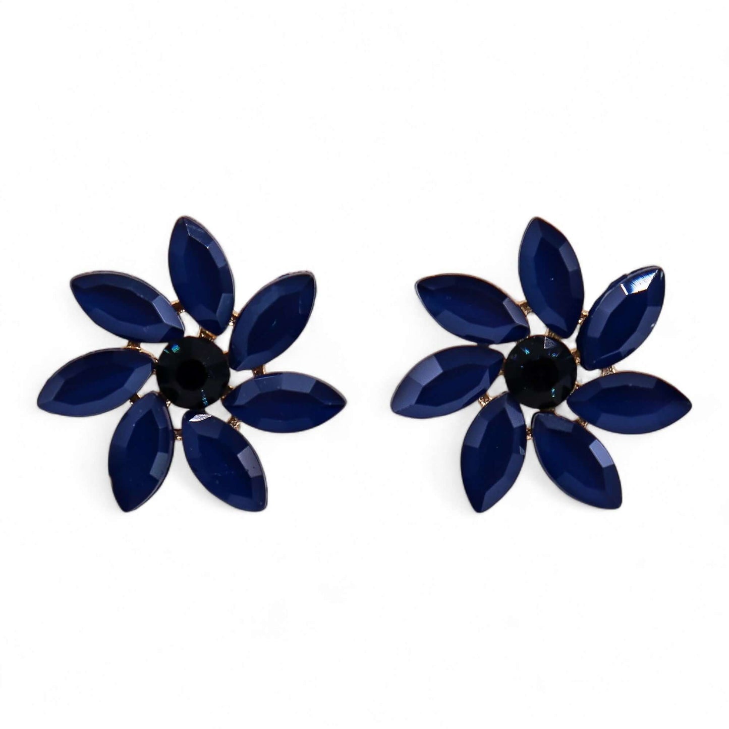 Royal blue vintage glass flower earrings with six faceted petals around a black centre