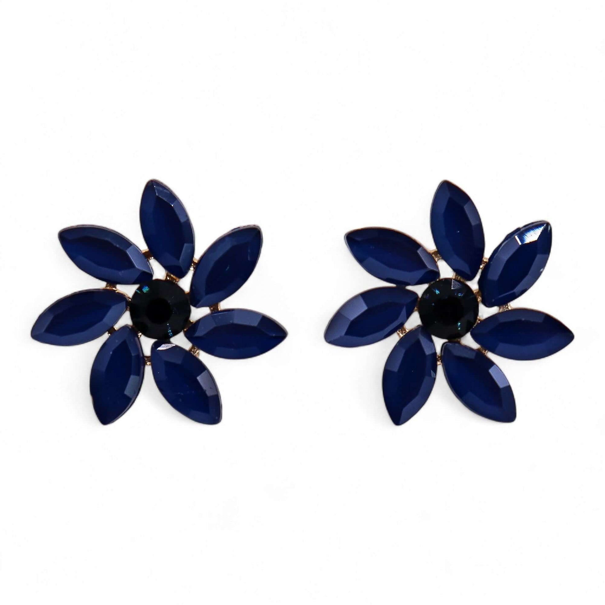 Royal blue vintage glass flower earrings with six faceted petals around a black centre