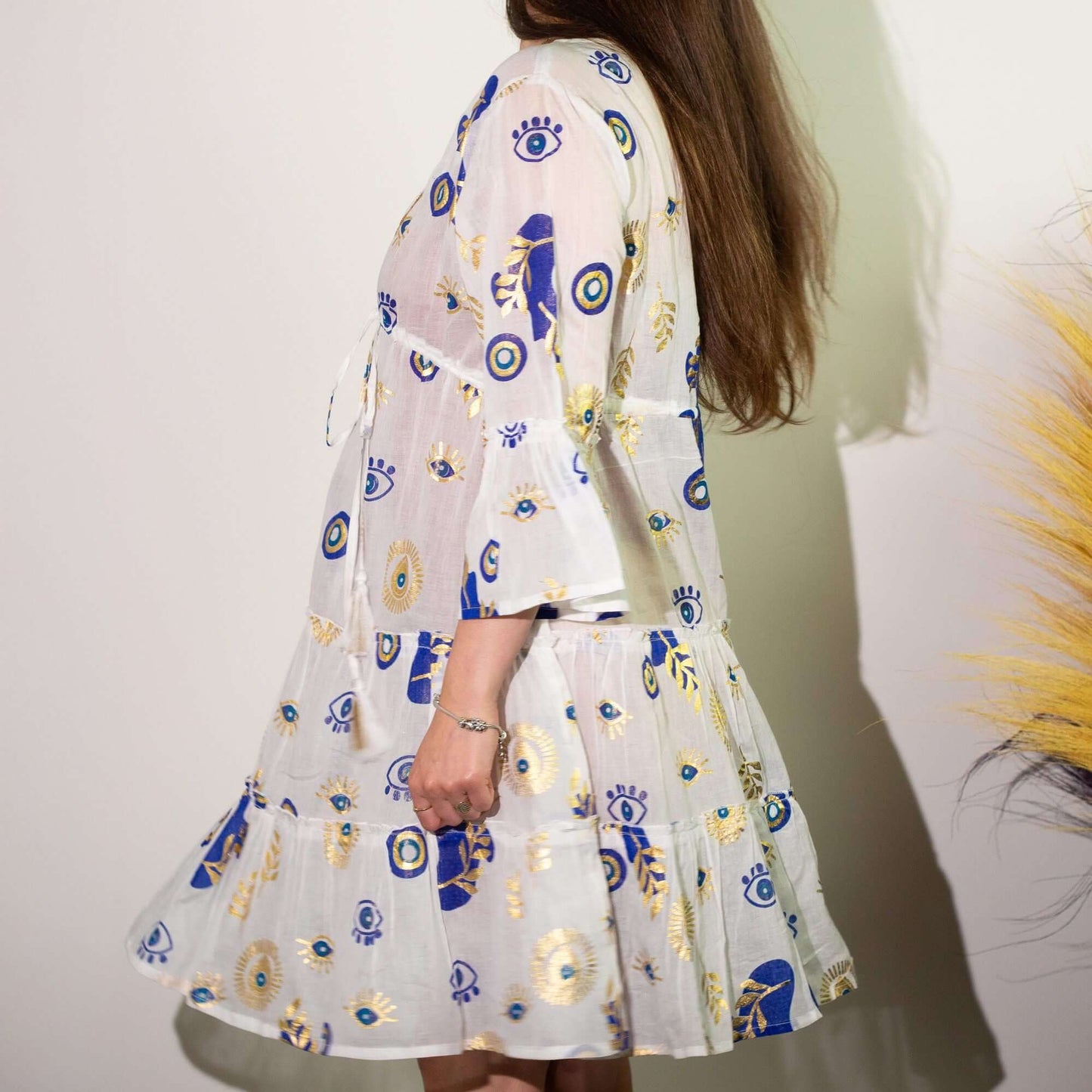 Nomad Sari Evil Eye Dress White Blue Gold Size L/XL