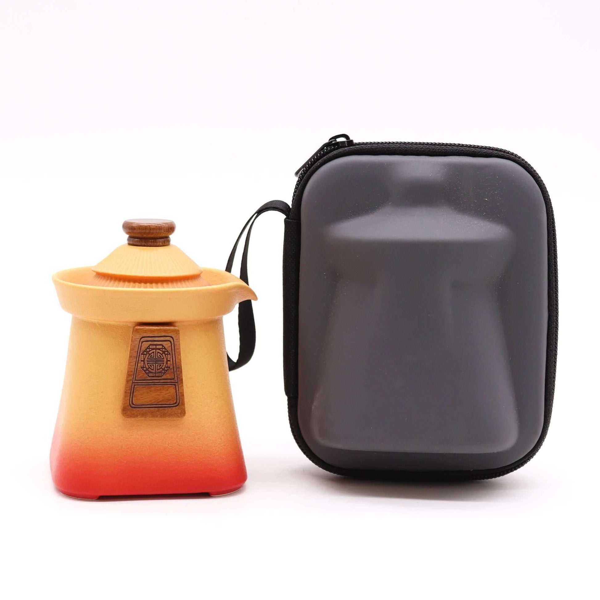 Temple Teapot Set & Three Cups - Orange Earth with protective case, featuring artistic ceramic design in orange gradient.