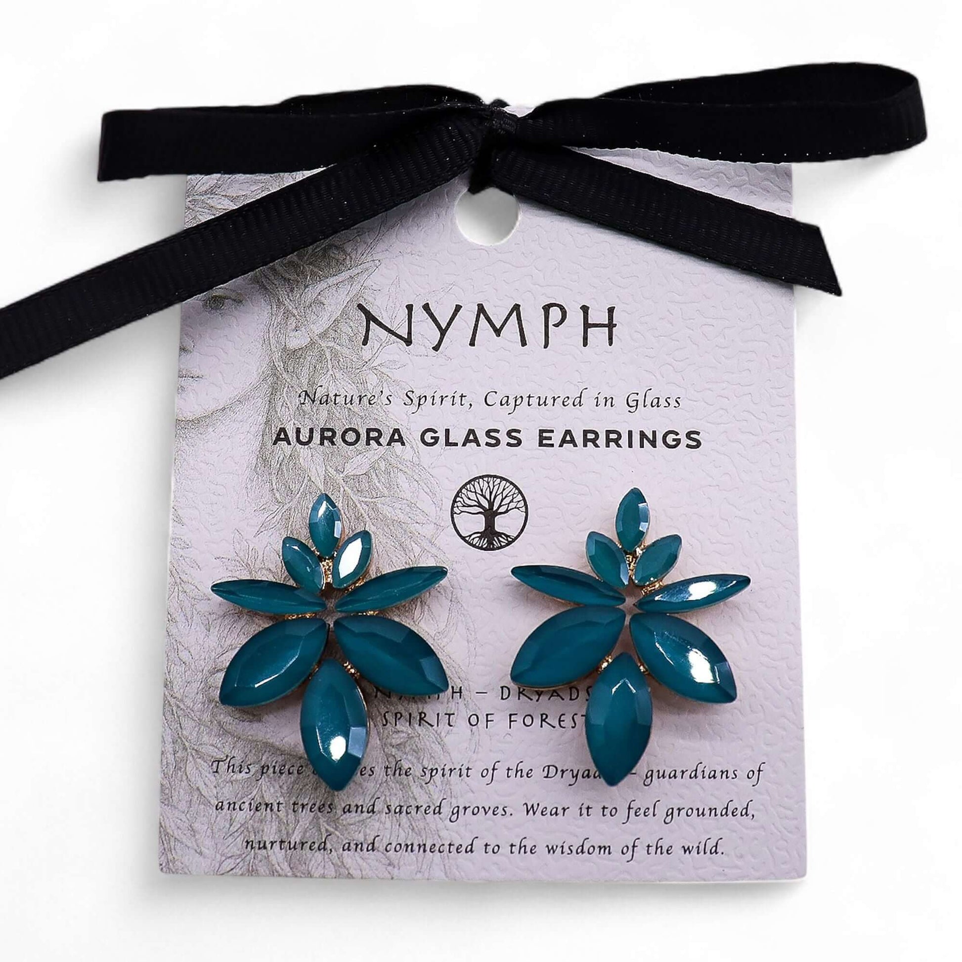 Teal green vintage glass flower earrings on a card with a black ribbon, stainless steel findings, 7.5 × 6 cm.