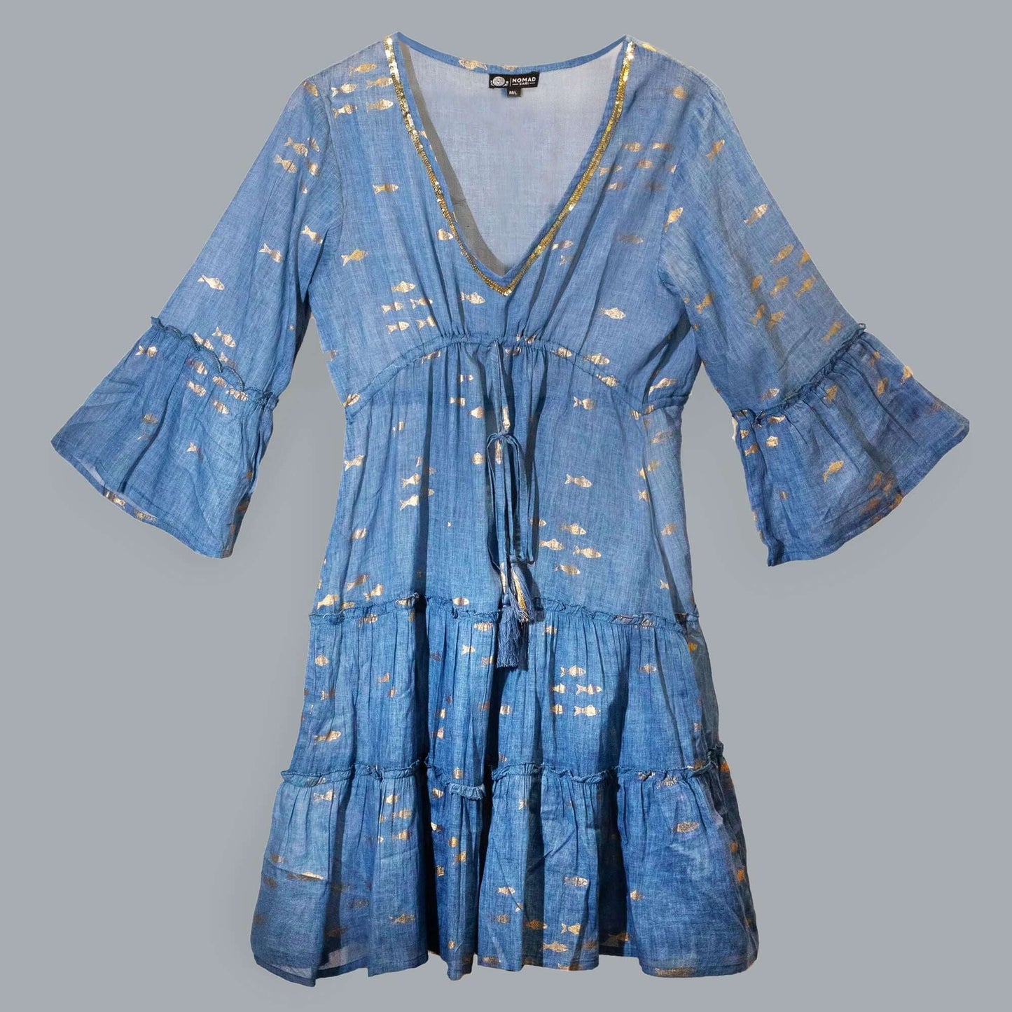 Nomad Sari Sea Blue Gold Fish Print Dress M/L