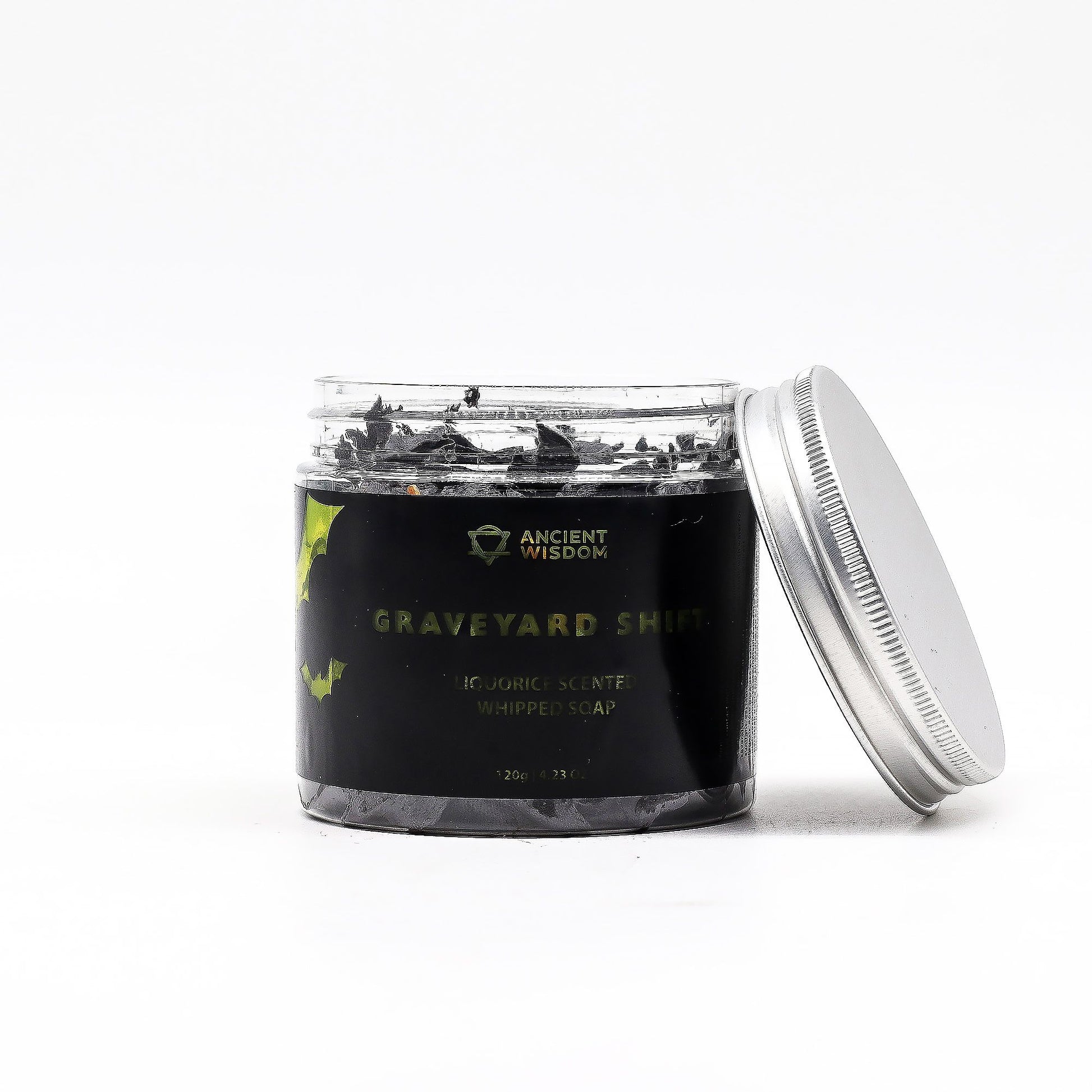 Graveyard Shift whipped soap 120g in a black jar with a silver lid.