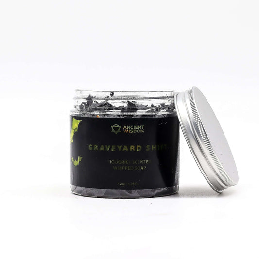 Graveyard Shift whipped soap 120g in a black jar with a silver lid.