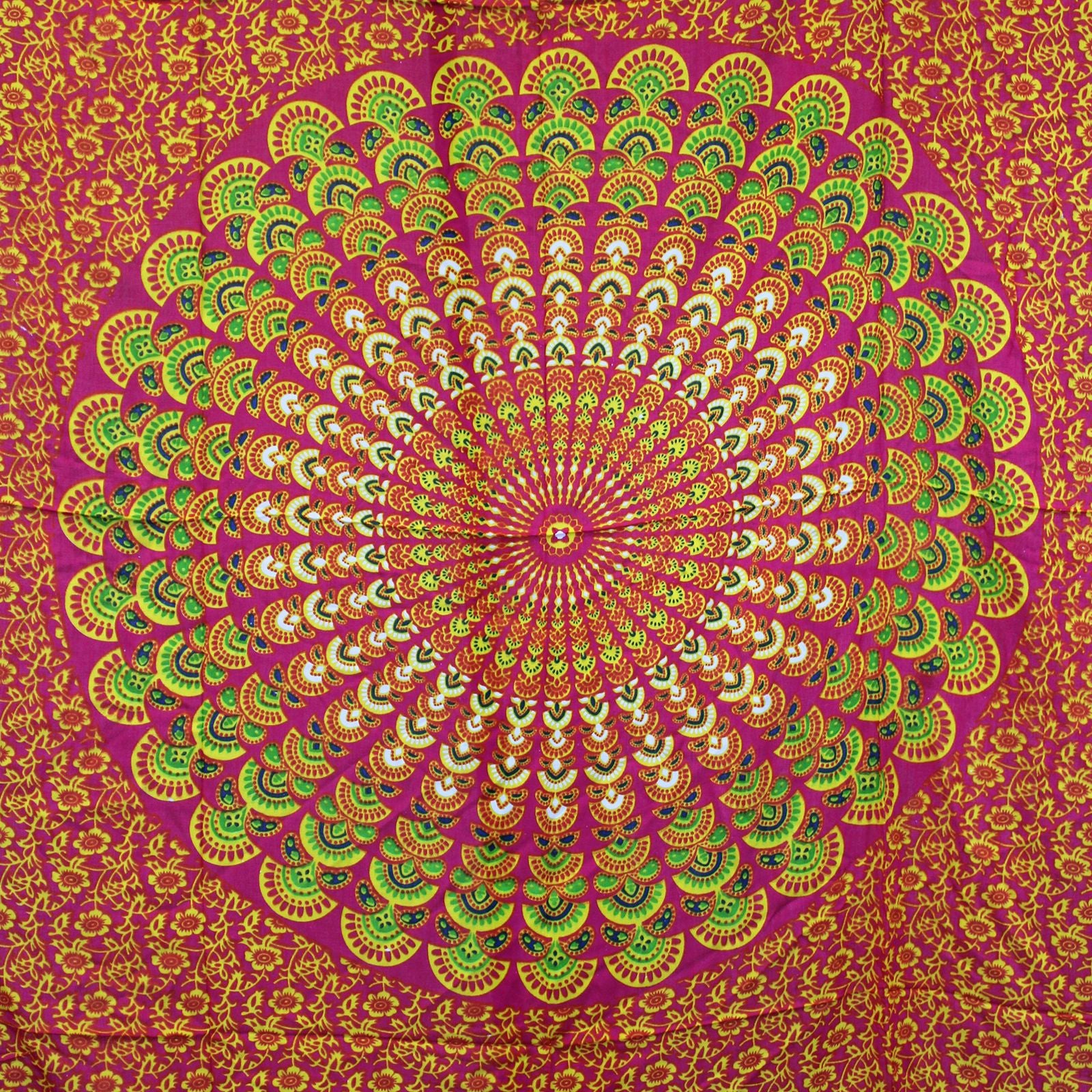 Vibrant Ruby Lime Mandala Sarongs showcase intricate peacock feather design in ruby and lime tones. Perfect for summer!