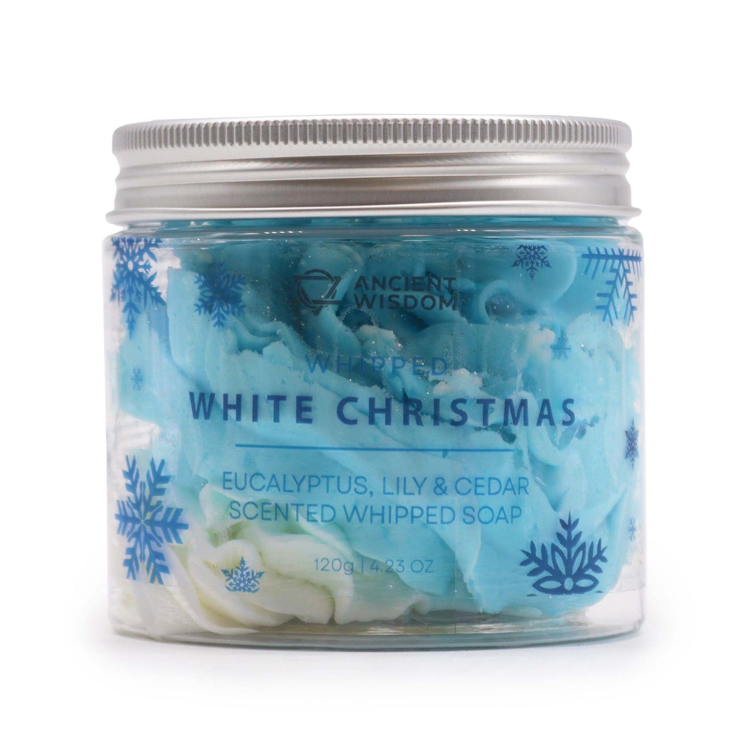 Ancient Wisdom White Christmas Whipped Soap 120g - blue snowflake jar, eucalyptus, lily & cedar scent.