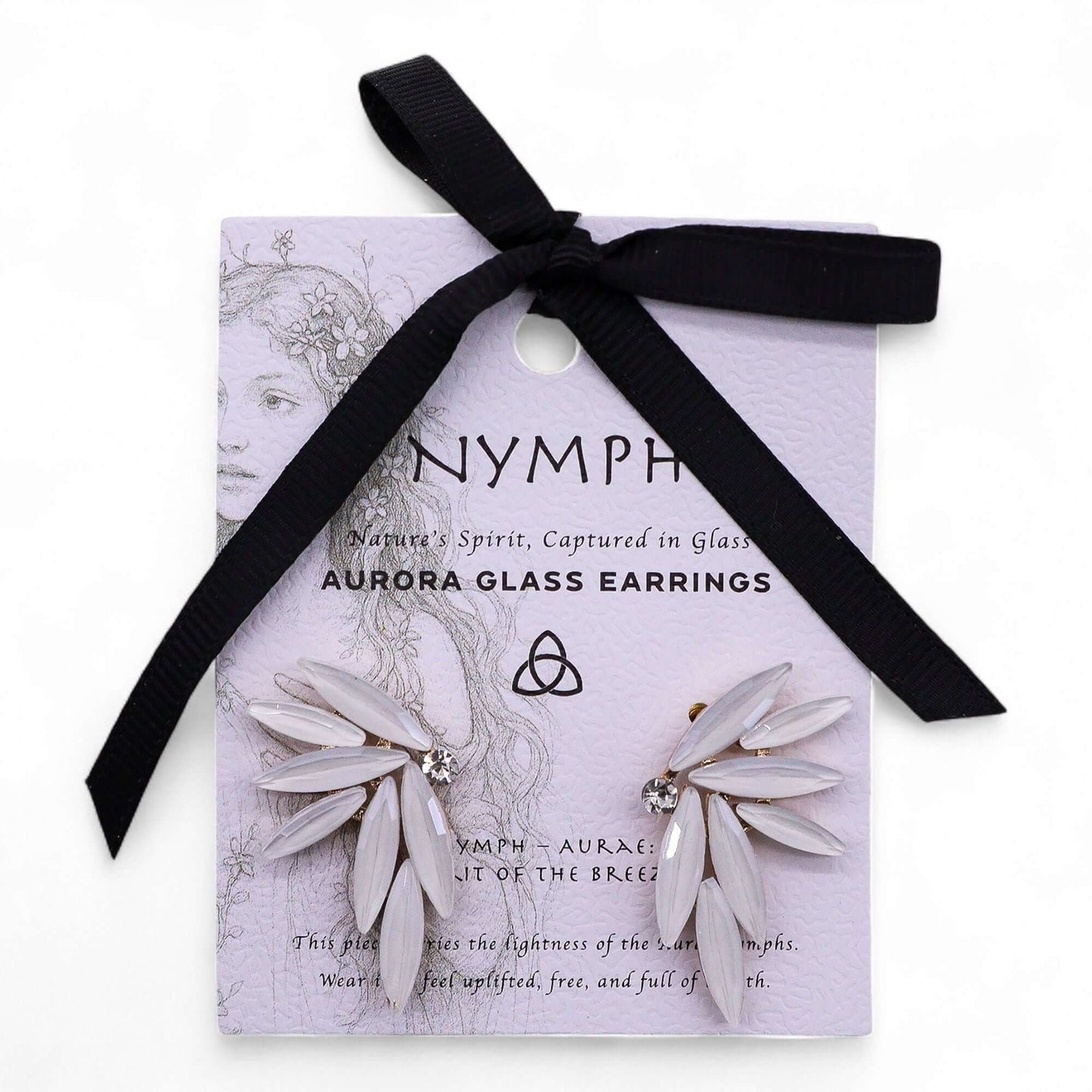 Pearl Vintage Glass Fairies Earrings With Stainless Steel Setting showcased on a card with elegant ribbon.
