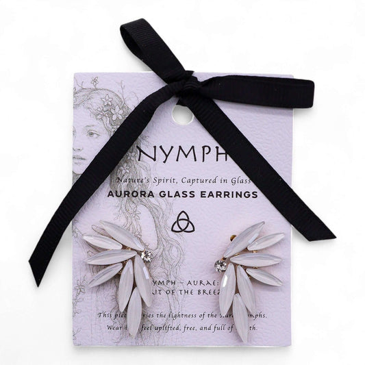 Pearl Vintage Glass Fairies Earrings With Stainless Steel Setting showcased on a card with elegant ribbon.