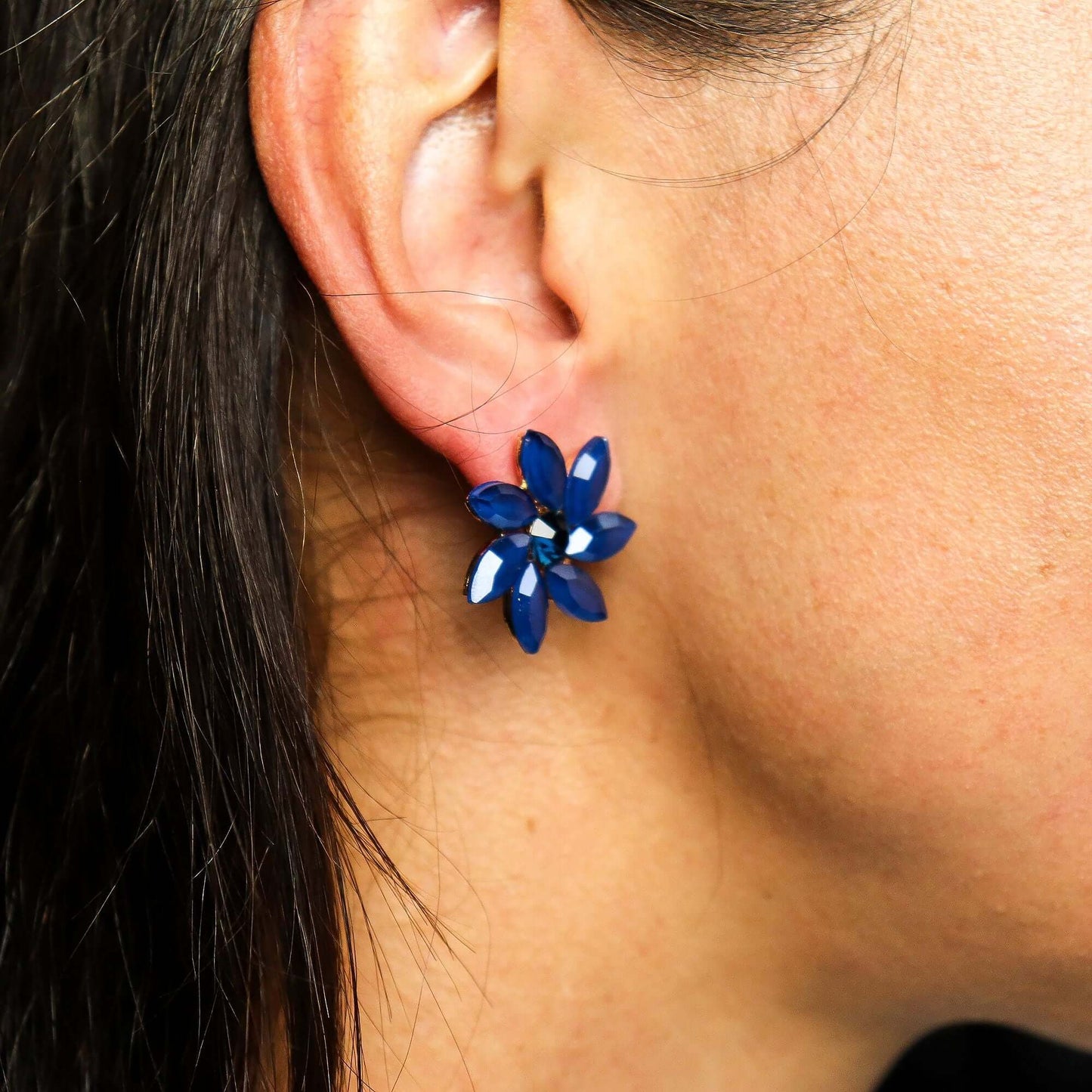 Royal blue flower earrings with six faceted vintage glass petals on stainless steel posts, approx 7.5 by 6 cm