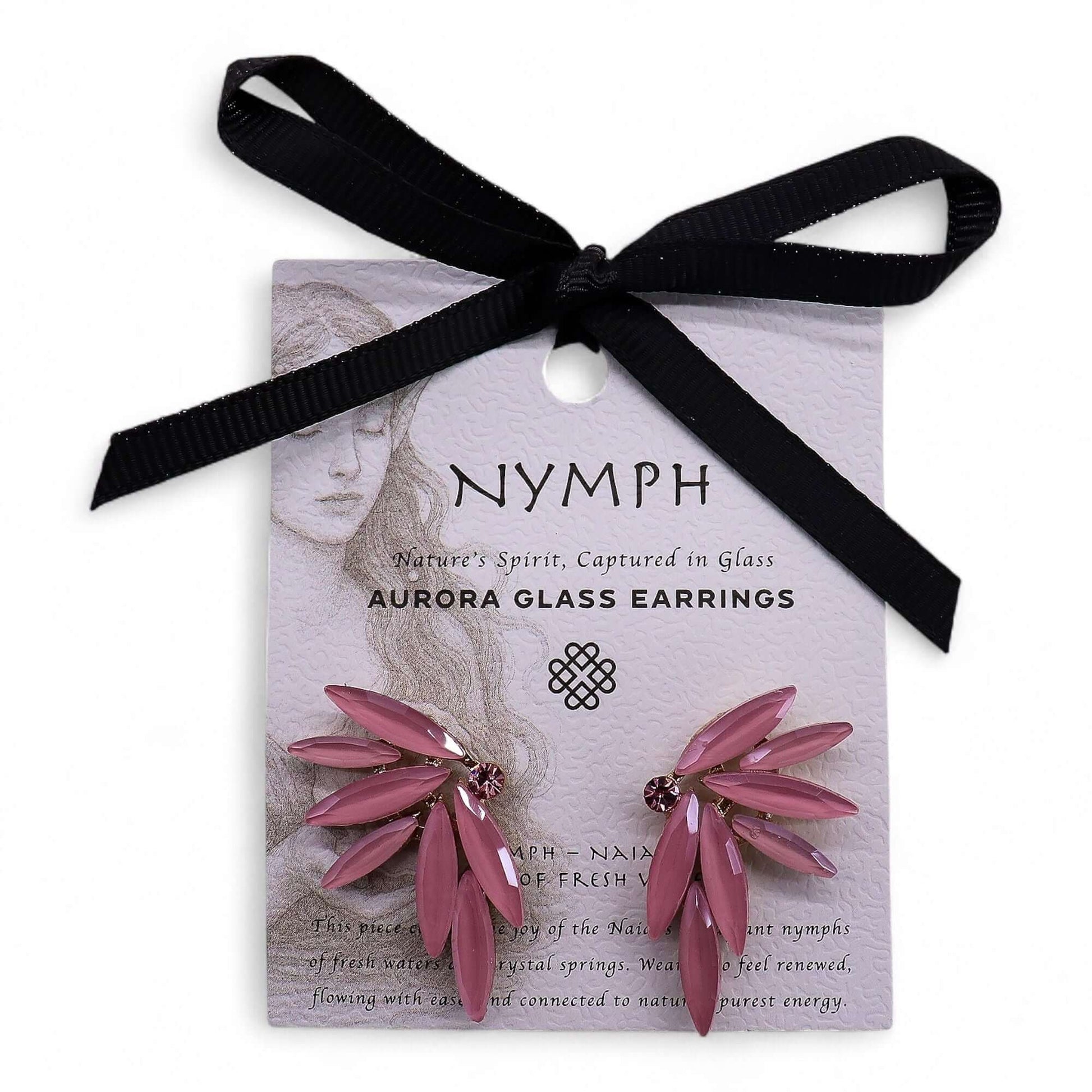 Soft pink vintage glass fairy earrings with petal-shaped leaves on a lilac card tied with a black ribbon.