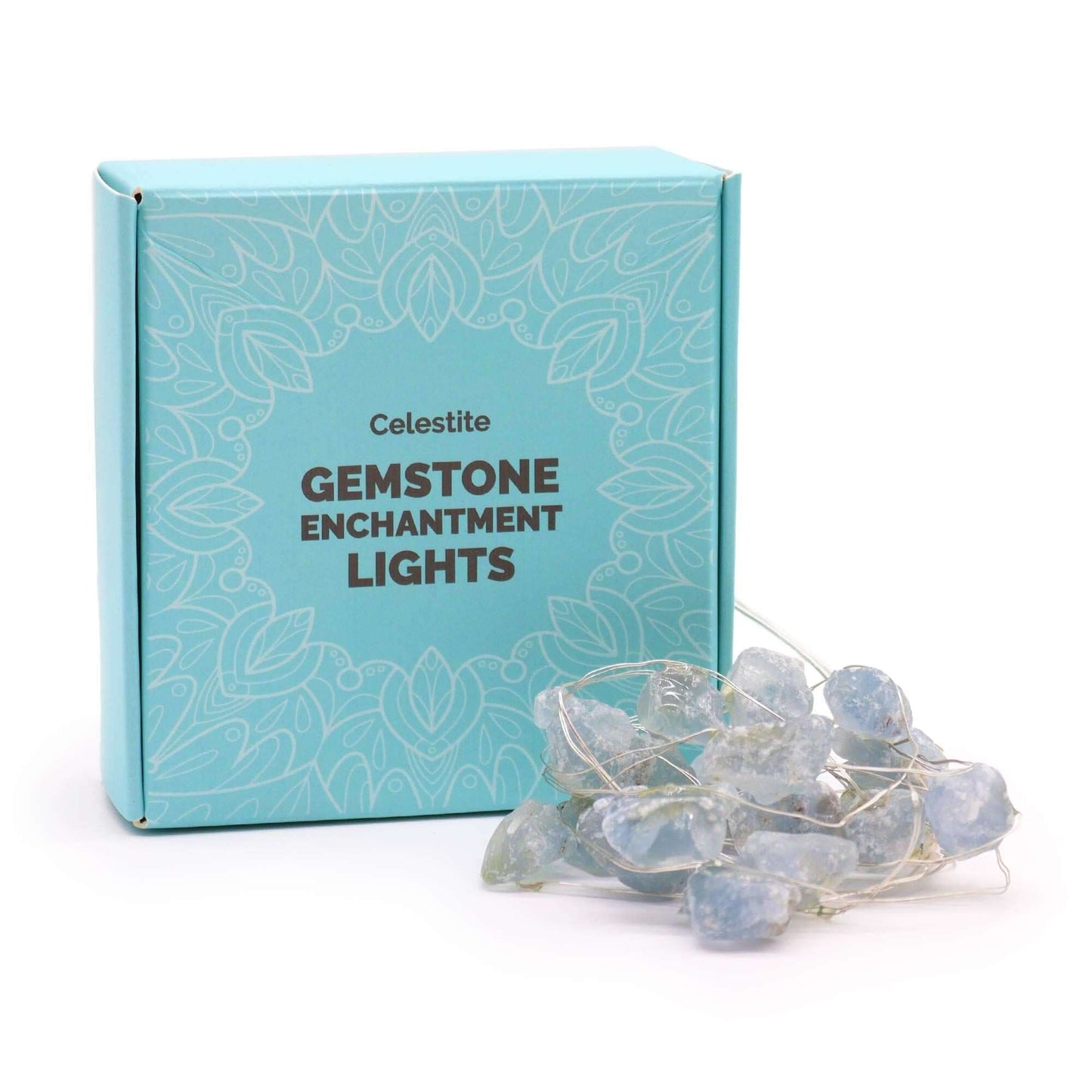 Celestite Gemstone Enchantment Lights USB Powered With Celestite Crystals in packaging and illuminated crystals.