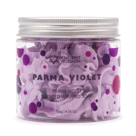 Parma Violet scented whipped soap, 120g, in a clear jar with purple swirls and Ancient Wisdom logo.
