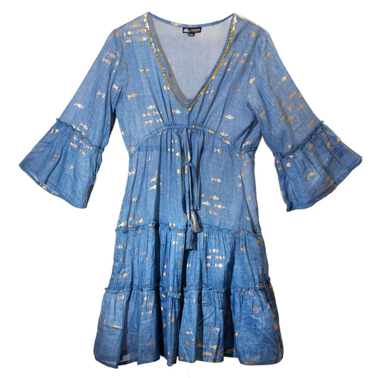 Nomad Sari Sea Blue Gold Fish Print Dress M/L