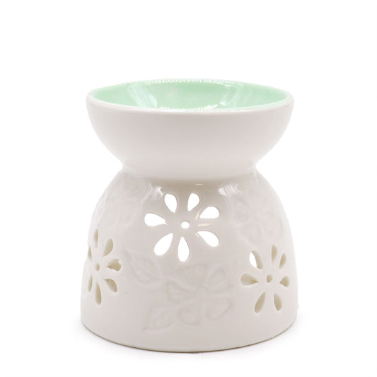 Classic White Oil Burner - Floral with Teal Well, white ceramic oil burner with flower-cut design and teal glazed well