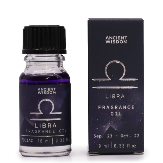 Zodiac Fragrance Oil 10ml - LIBRA from Ancient Wisdom, a celestial blend in a dark bottle with sparkling bio glitter.