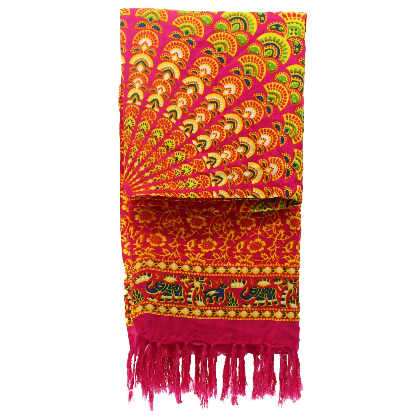Vibrant Ruby Lime Mandala Sarongs featuring an intricate peacock feather design in rich ruby and lime tones.